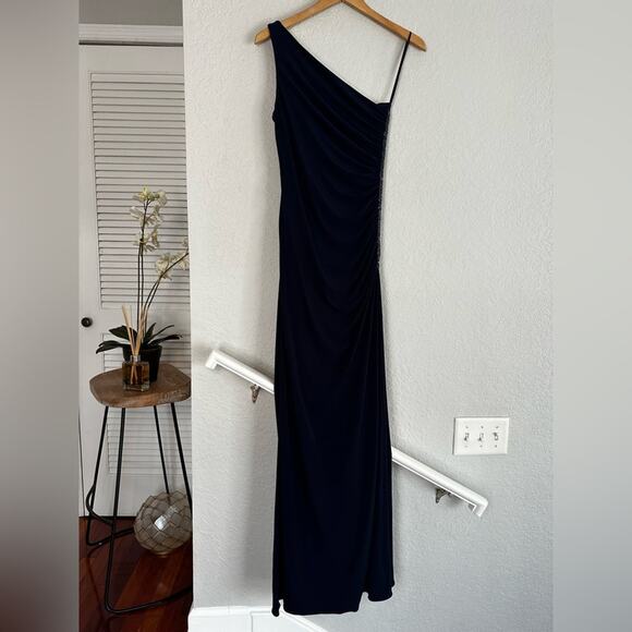 Laundry by Shelli Segal Formal Gown Navy One Shoulder Crystal Bead Ball Prom - Picture 6 of 11